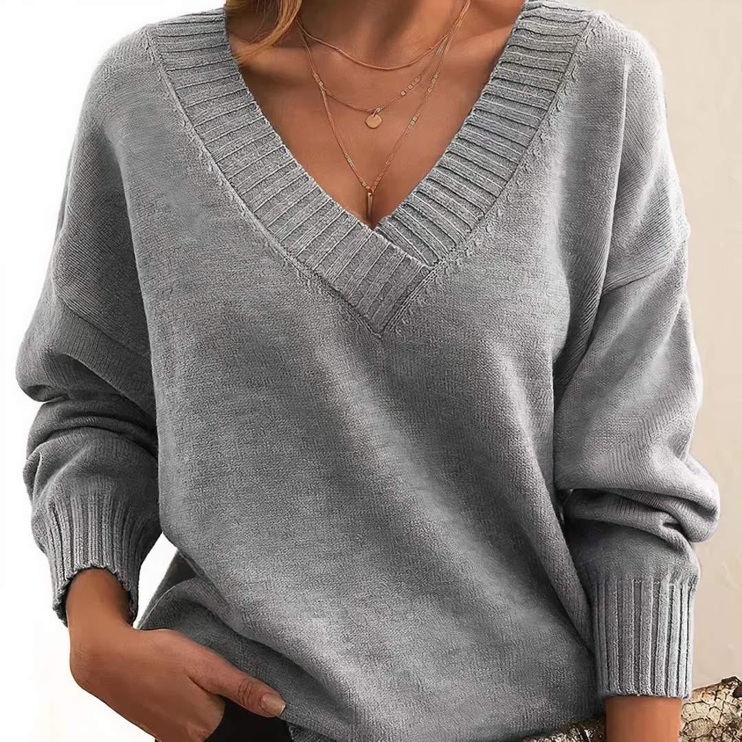 Adeline | Women's Deep V-Neck Ribbed Collar Sweater