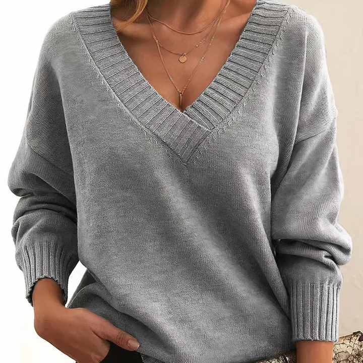 Adeline | Women's Deep V-Neck Ribbed Collar Sweater
