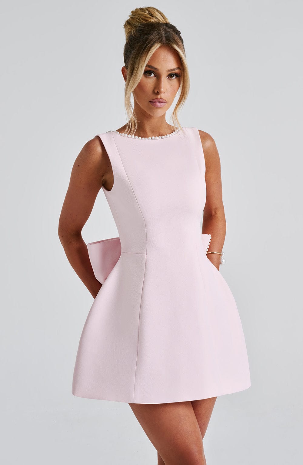Pearl Trim Bow Detail Structured Sleeveless Mini Dress - Wedding Guest