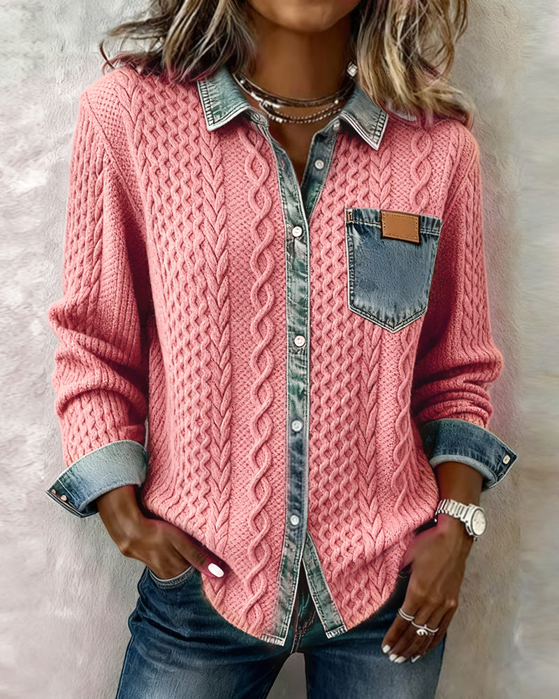 Odette | Women's Cable Knit Sweater Shirt with Denim Collar and Pocket
