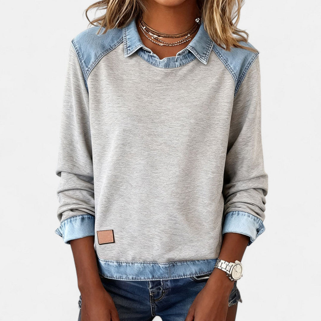 Genevieve | Women's Denim Trim Crew Neck Sweatshirt