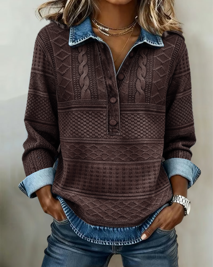 Cordelia | Women's Denim-Print Cable Knit Collared Henley Top