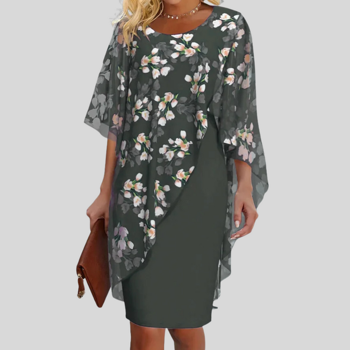 Floral Chiffon Cape Overlay Bodycon Midi Dress - Formal Wedding Guest