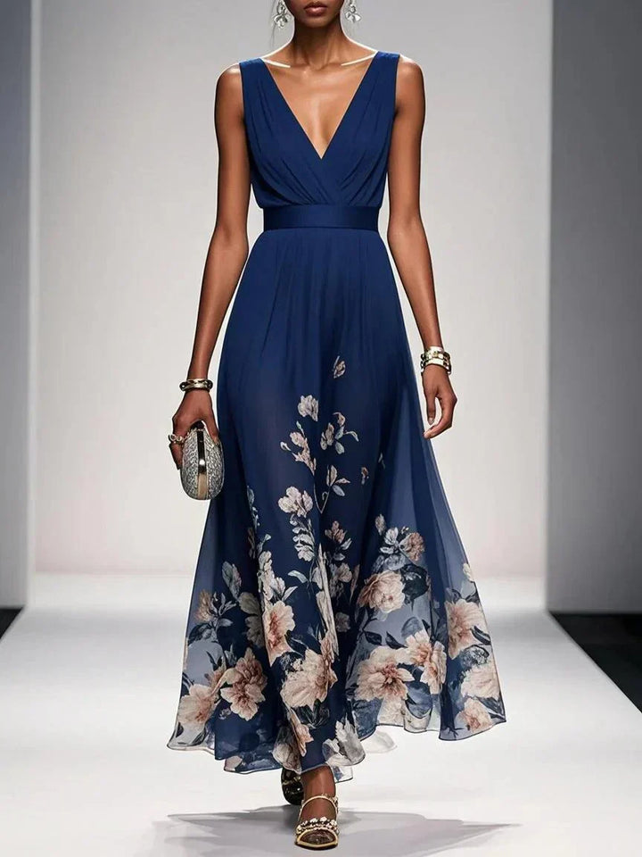 Floral Border Print Deep V Neck Ruched Chiffon Maxi Dress - Wedding Guest