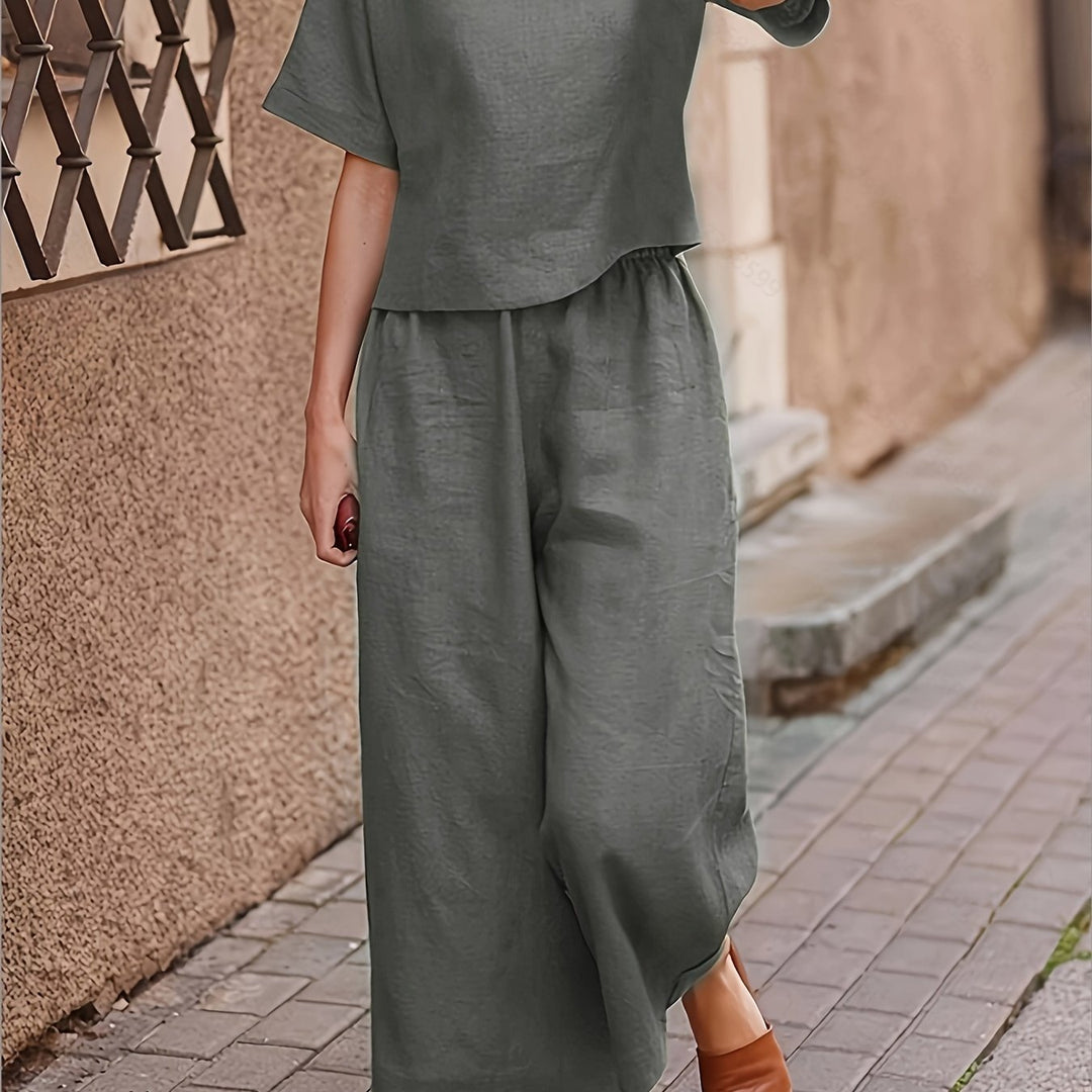 Linen Crew Neck Short Sleeve Top and Wide Leg Pants Set