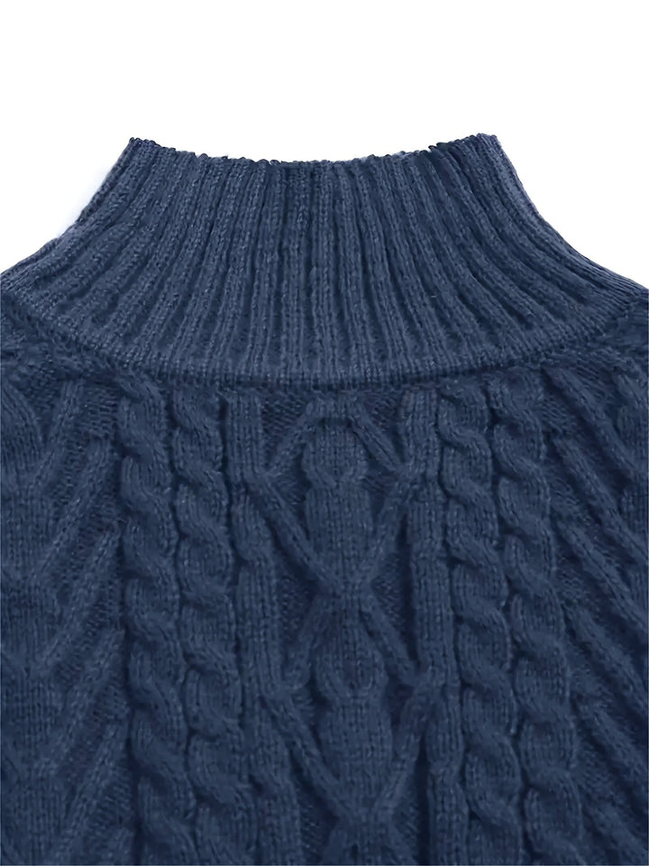 Solveig | Women's Ribbed Puff Sleeve Cable Knit Mock Neck Sweater