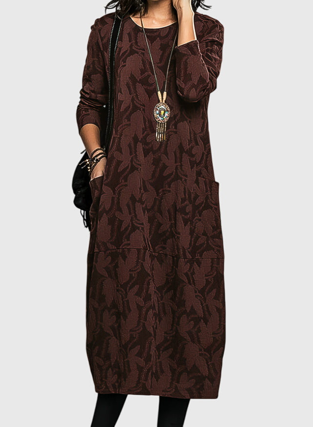 Floral Jacquard Casual Midi Dress with Pockets