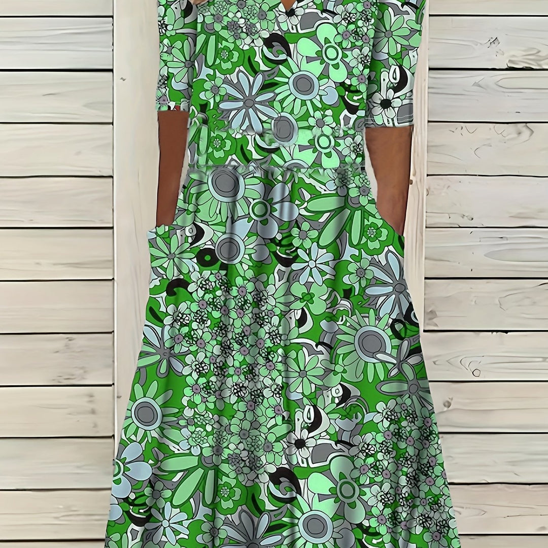Gabi™-Elegant Floral Print V-Neck Midi Dress