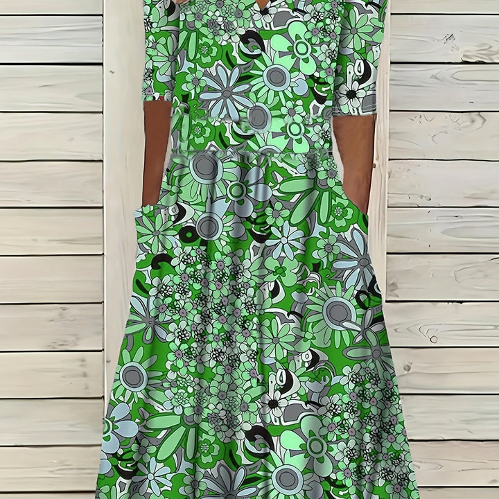 Gabi™-Elegant Floral Print V-Neck Midi Dress
