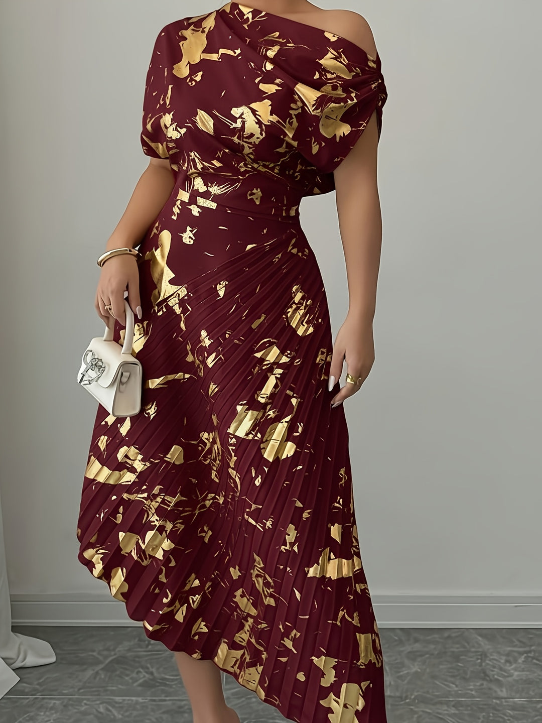 Draped One Shoulder Pleated Skirt Midi Dress - Wedding Guest