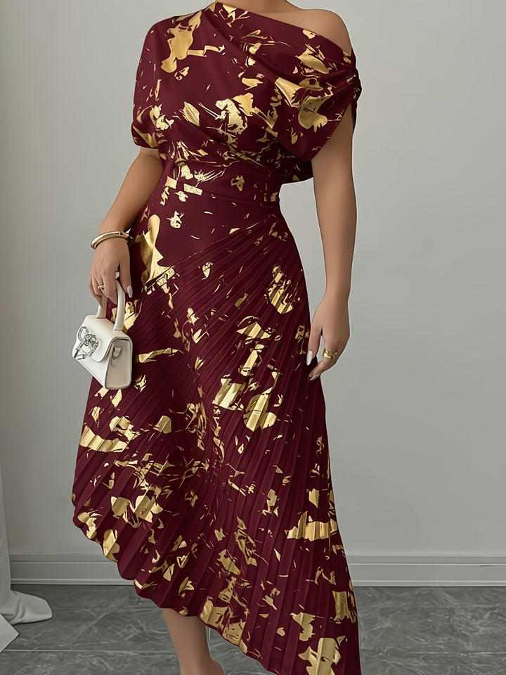 Draped One Shoulder Pleated Skirt Midi Dress - Wedding Guest