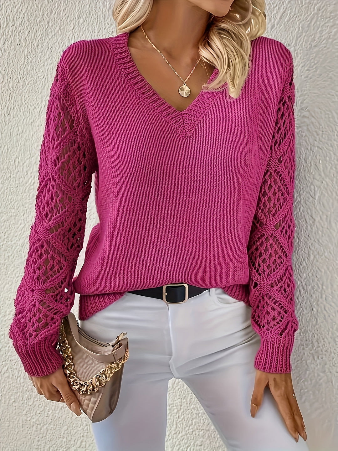 Odalys | Women's Crochet Sleeve V-Neck Sweater