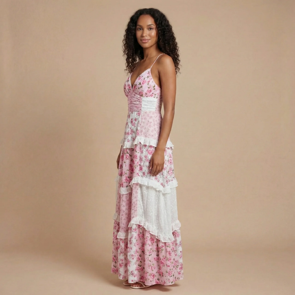 Floral Ruffle Tiered Spaghetti Strap Maxi Dress - Wedding Guest