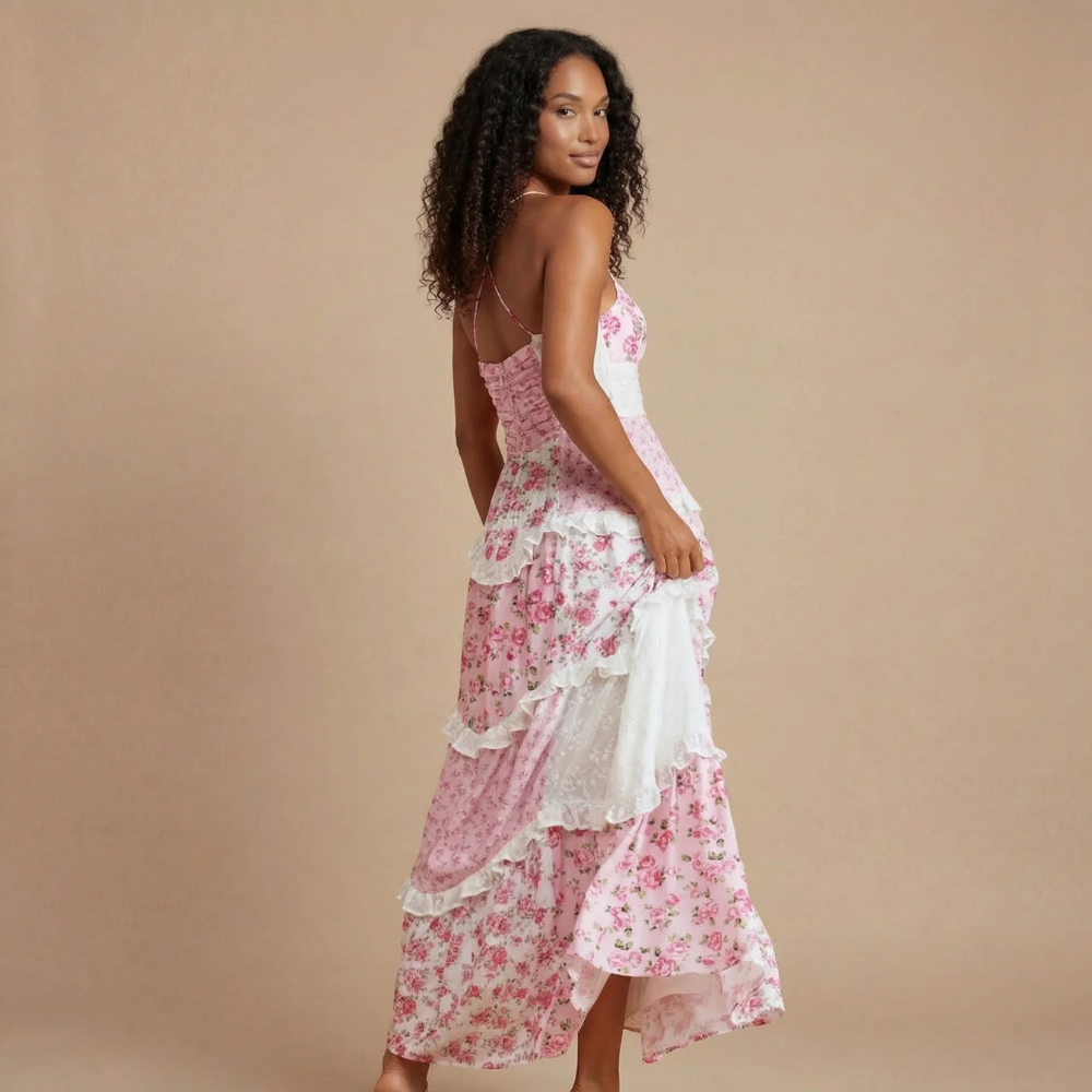 Floral Ruffle Tiered Spaghetti Strap Maxi Dress - Wedding Guest