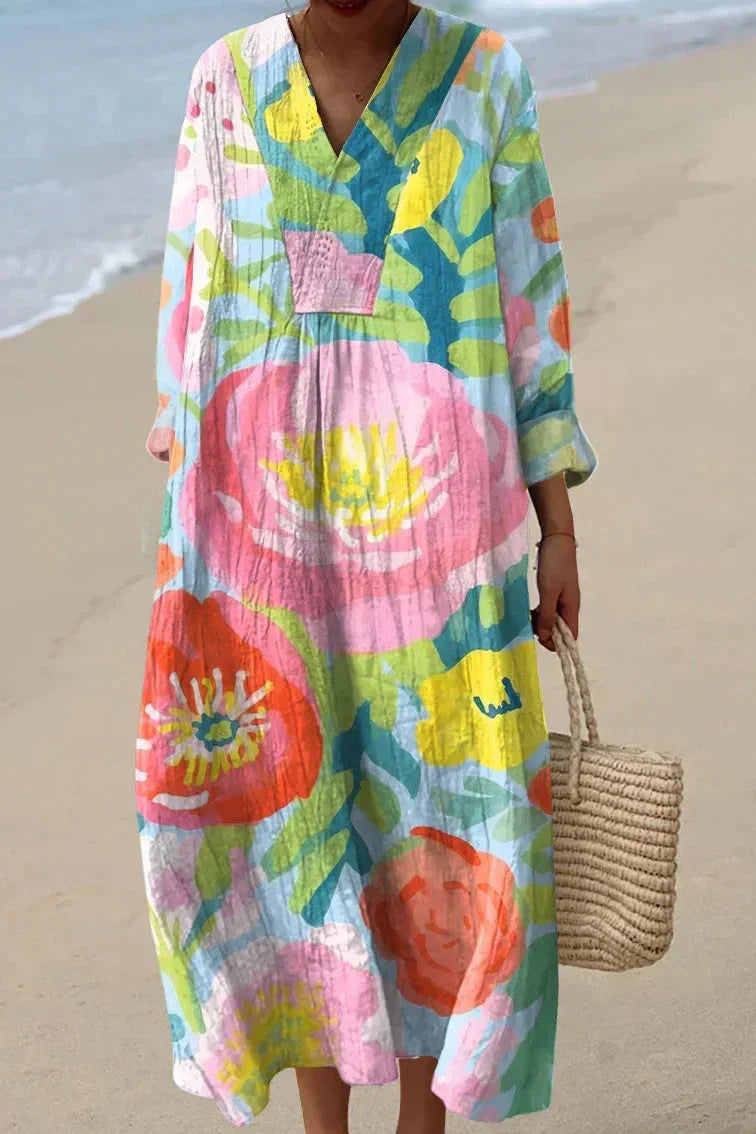 Floral Linen V Neck Long Sleeve Oversized Casual Maxi Dress