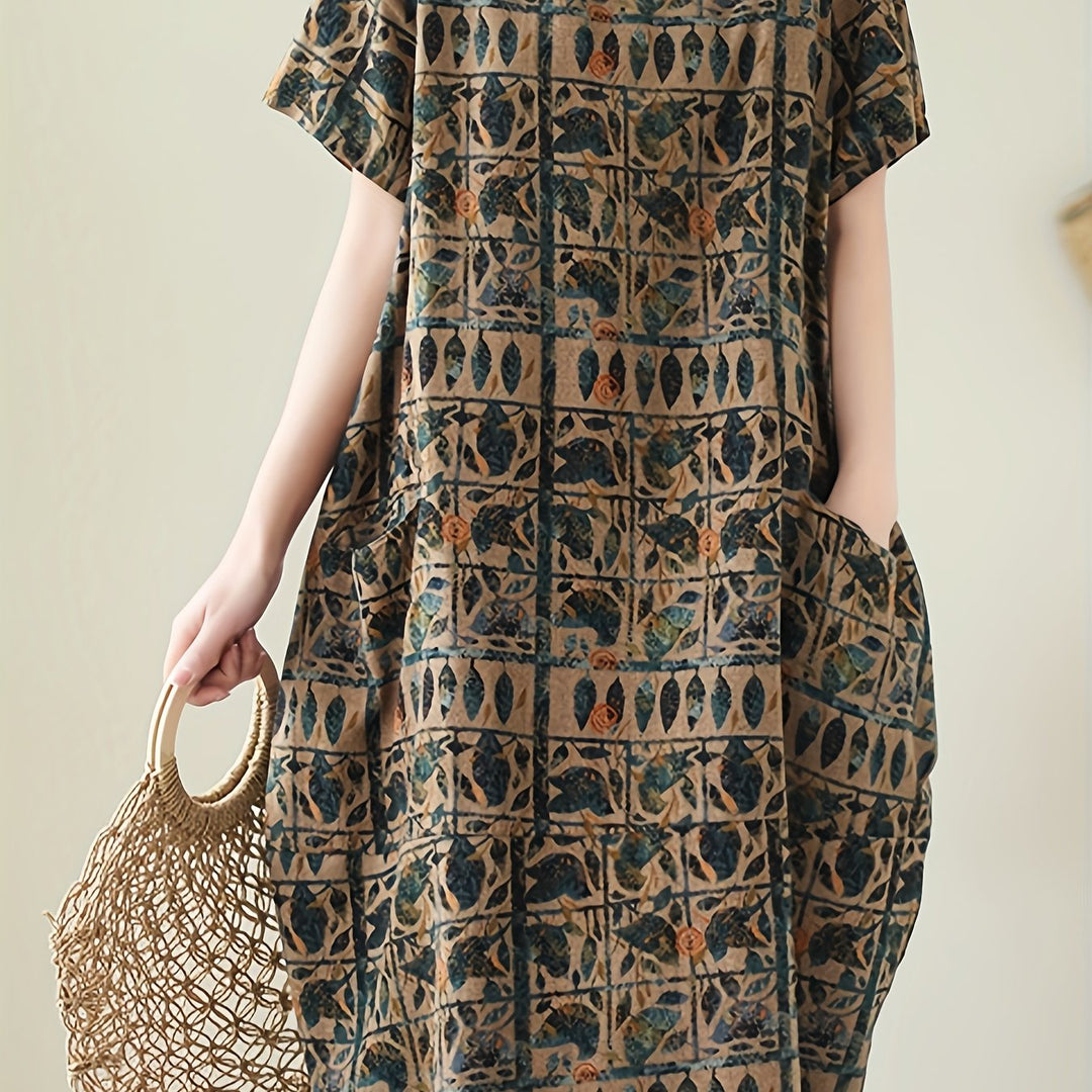 Vintage Botanical Print Crew Neck Short Sleeve Loose Linen Maxi Dress