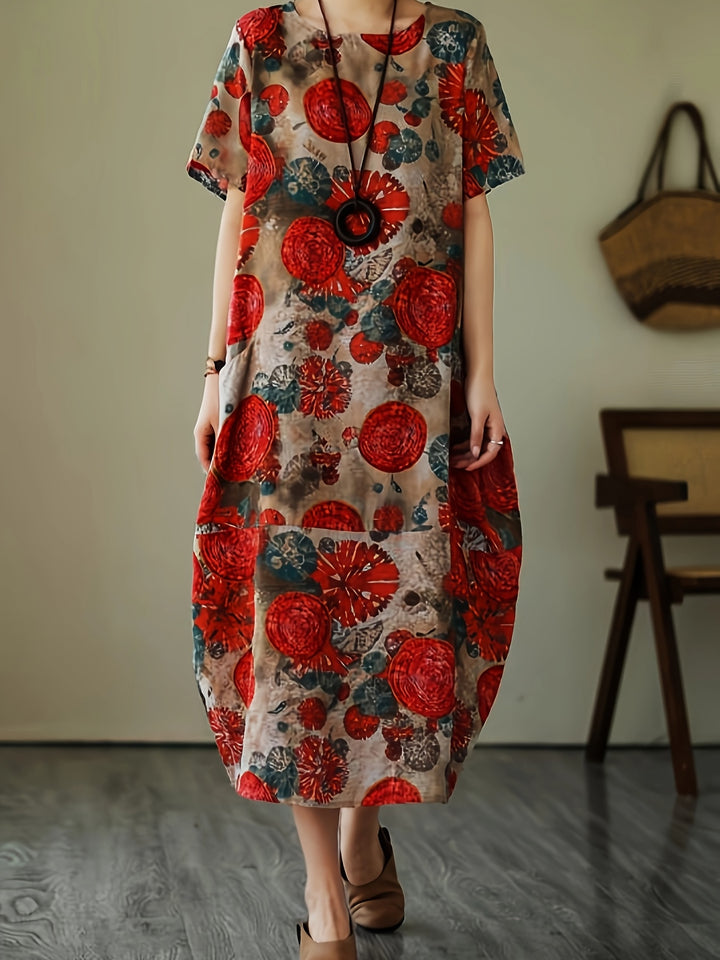 Vintage Botanical Print Crew Neck Short Sleeve Loose Linen Maxi Dress