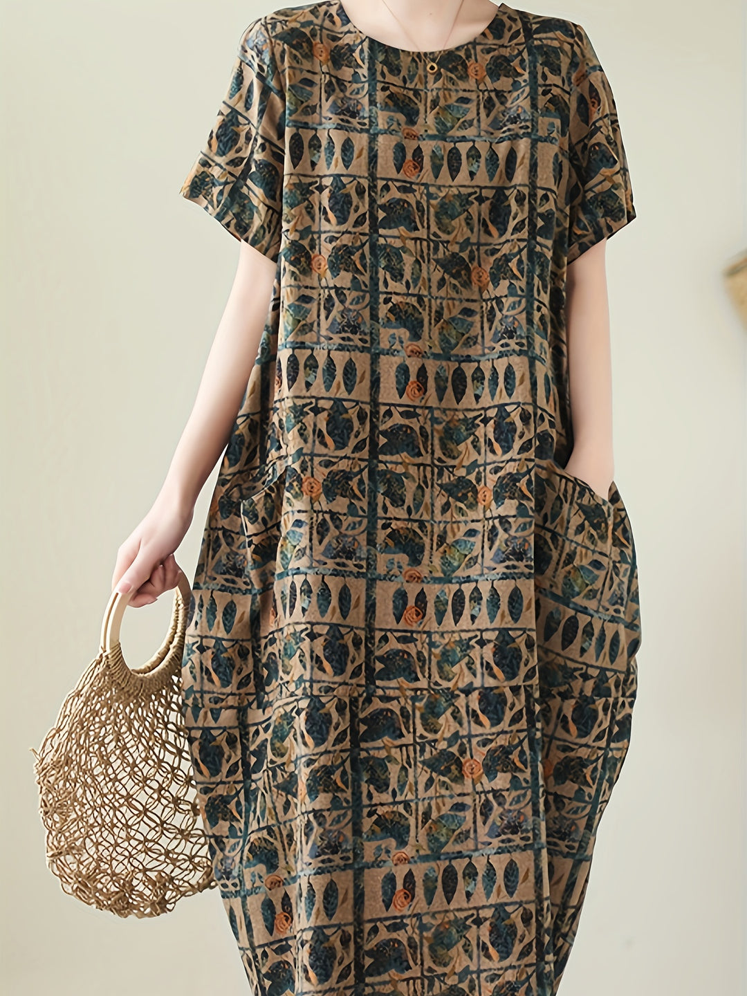 Vintage Botanical Print Crew Neck Short Sleeve Loose Linen Maxi Dress