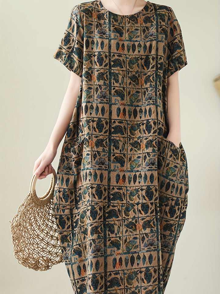 Vintage Botanical Print Crew Neck Short Sleeve Loose Linen Maxi Dress