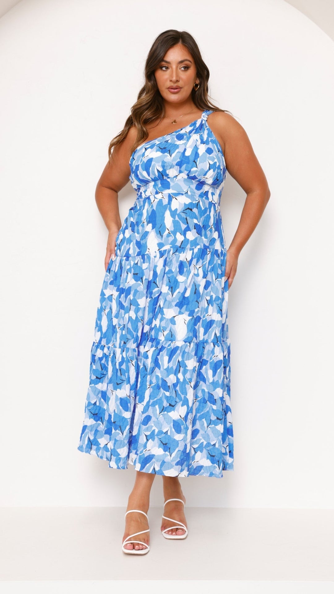 Floral One Shoulder Tiered Pleated Midi Dress - Wedding Guest