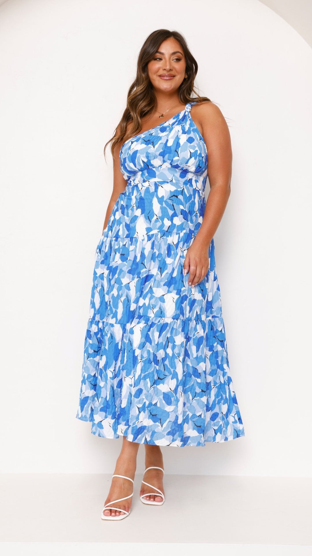 Floral One Shoulder Tiered Pleated Midi Dress - Wedding Guest