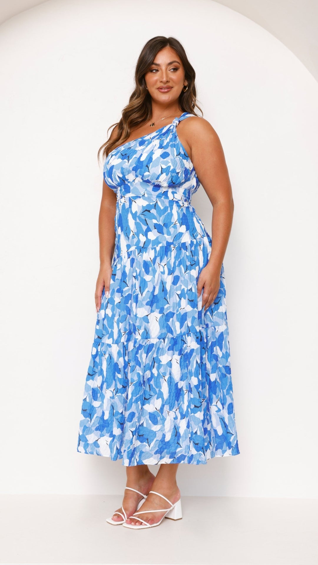 Floral One Shoulder Tiered Pleated Midi Dress - Wedding Guest