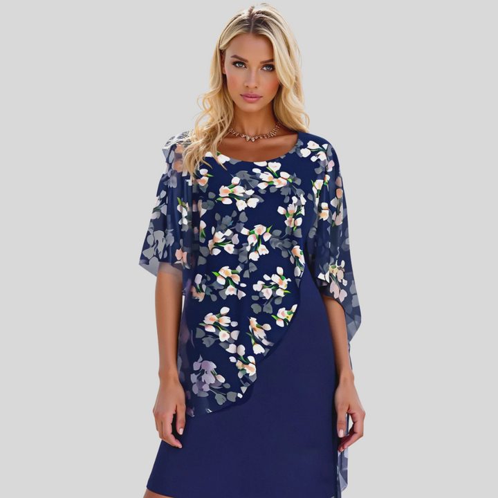 Floral Chiffon Cape Overlay Bodycon Midi Dress - Formal Wedding Guest
