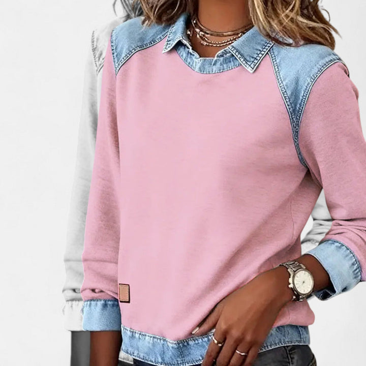 Genevieve | Women's Denim Trim Crew Neck Sweatshirt