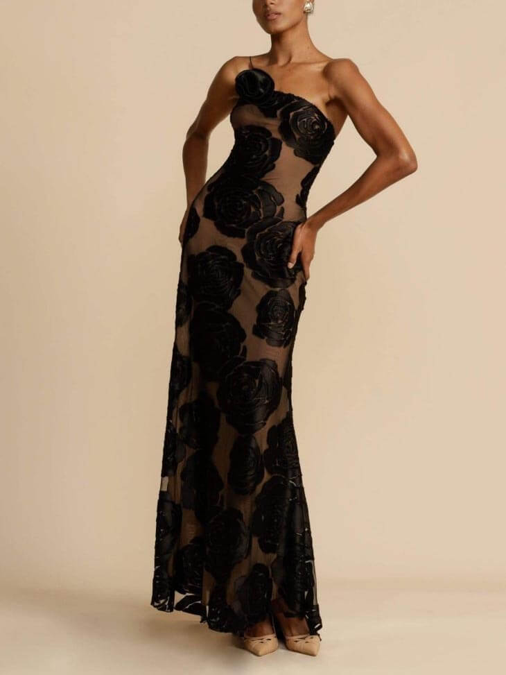 Floral Rose Applique One Shoulder Sheer Mesh Maxi Dress - Formal Evening Gown