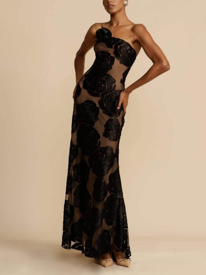 Floral Rose Applique One Shoulder Sheer Mesh Maxi Dress - Formal Evening Gown