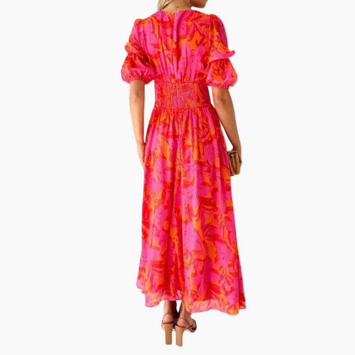 Floral Puff Sleeve Button Front Flowy Maxi Dress