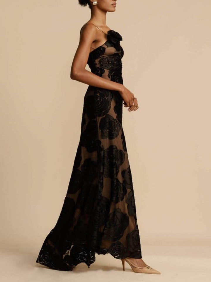 Floral Rose Applique One Shoulder Sheer Mesh Maxi Dress - Formal Evening Gown