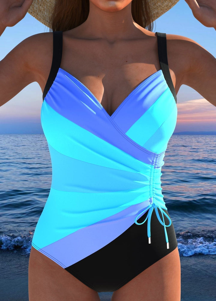 Striped Wrap Front Ruched One Piece Swimsuit