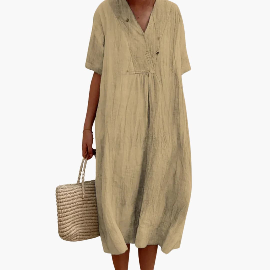 V-Neck Button Placket Relaxed Linen Midi Dress