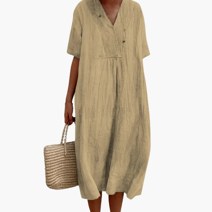 V-Neck Button Placket Relaxed Linen Midi Dress