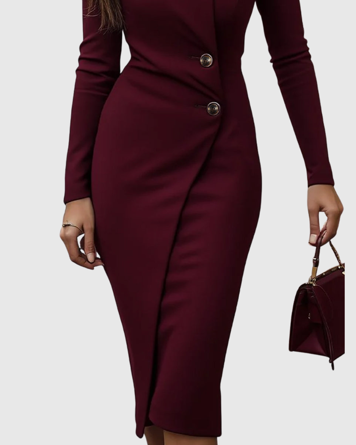 Double Button Wrap V Neck Long Sleeve Bodycon Midi Dress - Formal Evening Gown