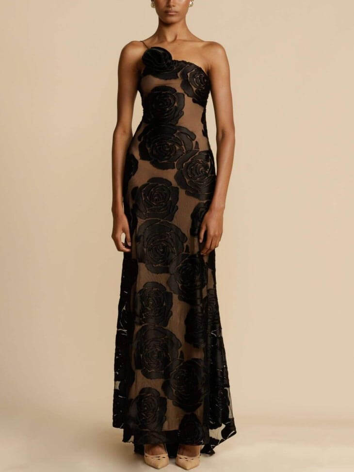 Floral Rose Applique One Shoulder Sheer Mesh Maxi Dress - Formal Evening Gown