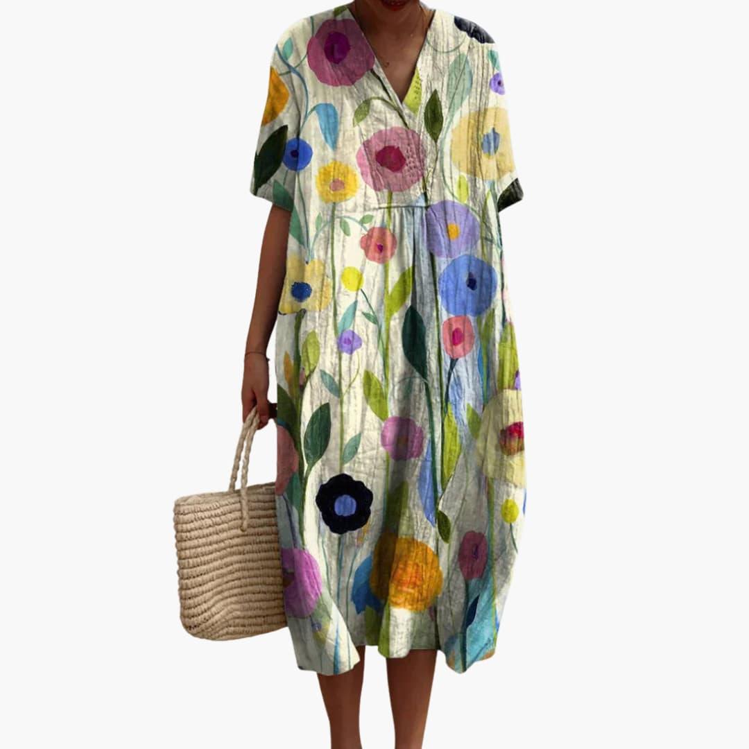 Floral Cotton V Neck Short Sleeve Oversized Casual Midi Dress