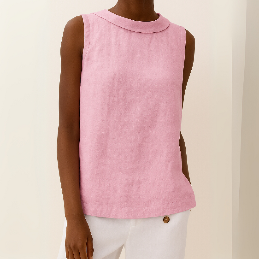Roll Neck Sleeveless Linen Blouse - Smart Casual Summer Top