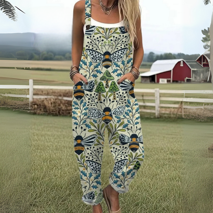 Women's Flying Bees Embroidery Pattern Casual Cotton Wide Leg Jumpsuit