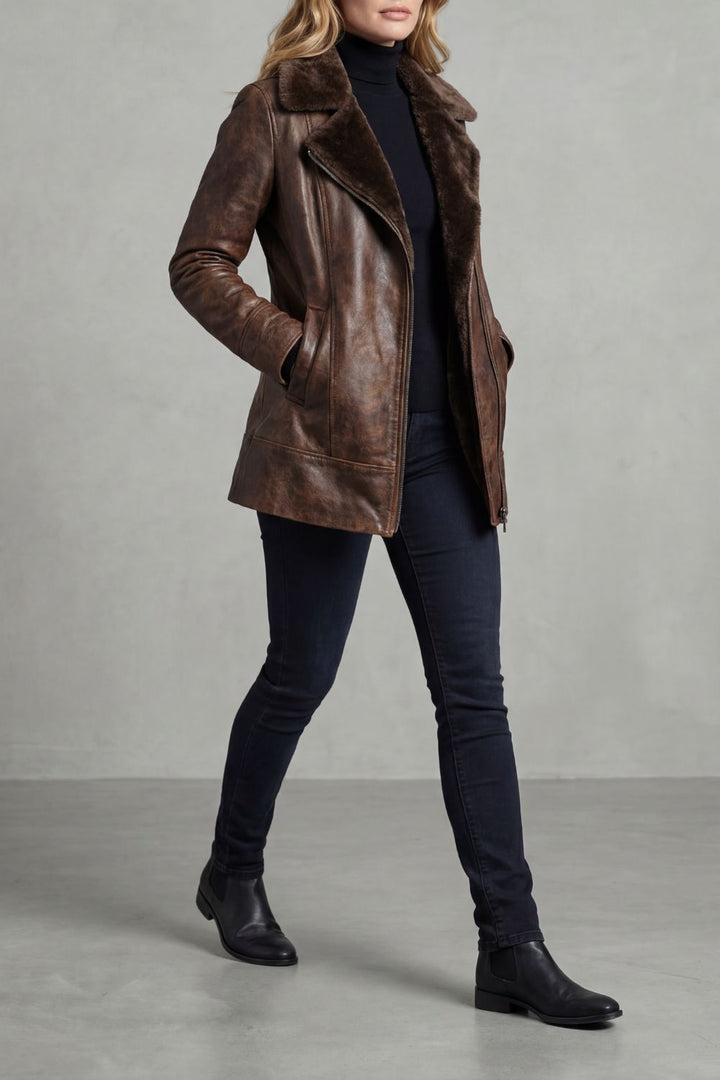 Odalys | Women's Brown Shearling Collar Moto Jacket