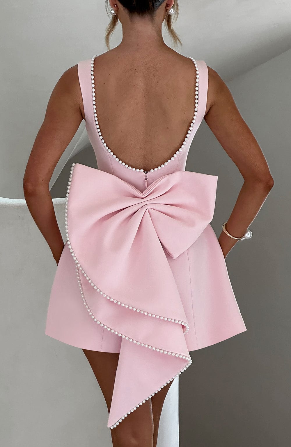 Pearl Trim Bow Detail Structured Sleeveless Mini Dress - Wedding Guest