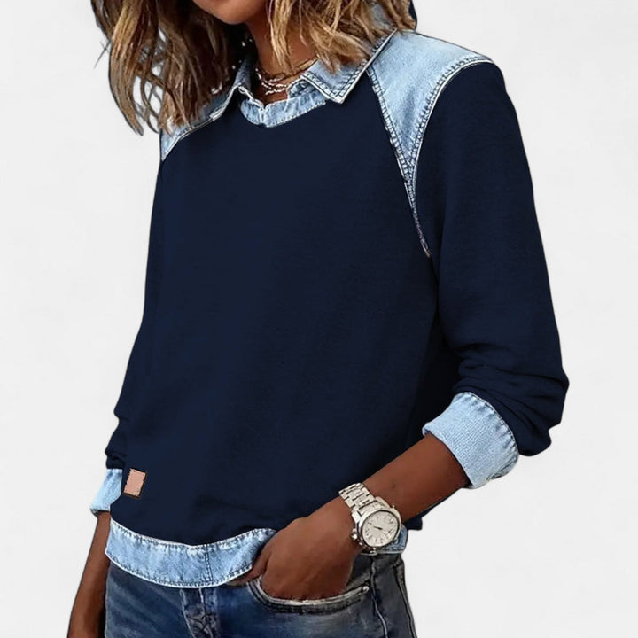 Genevieve | Women's Denim Trim Crew Neck Sweatshirt