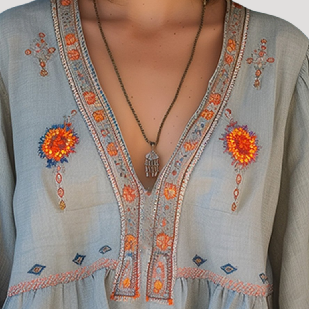 Embroidered Boho V-Neck Flared Sleeve Blouse