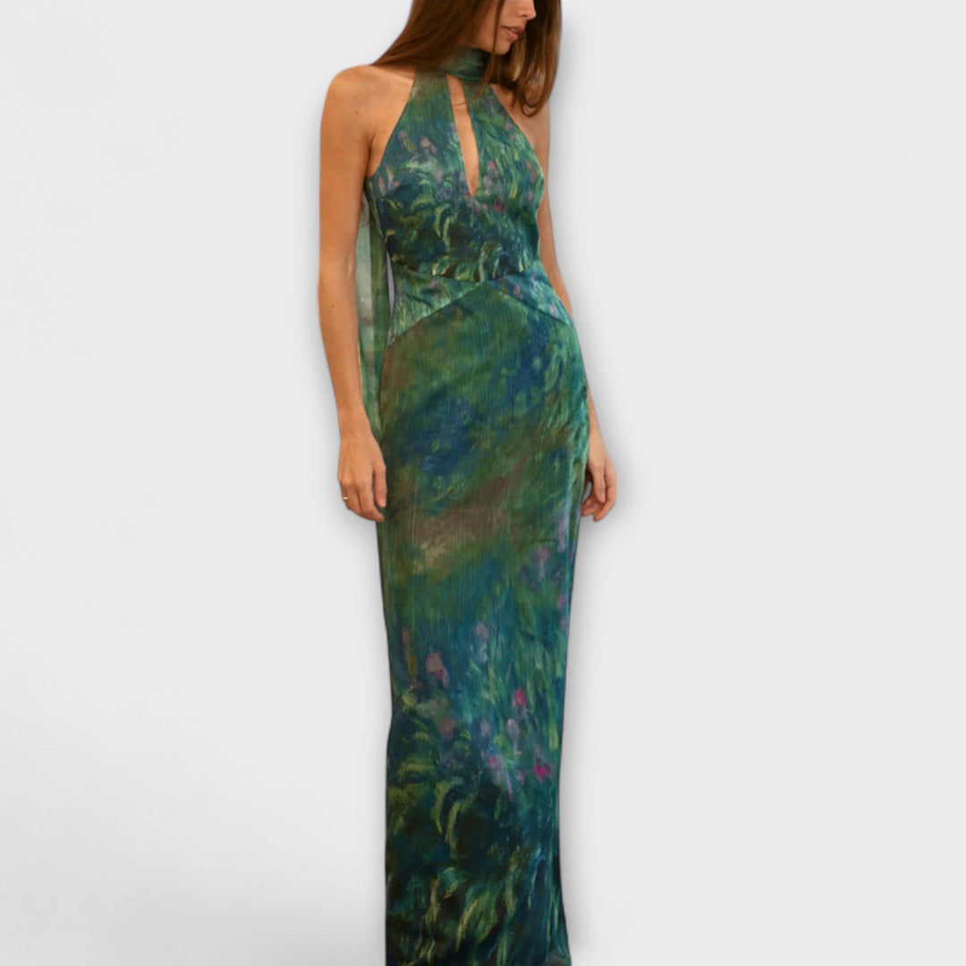 Floral Print Halter Maxi Dress - Formal Evening Gown