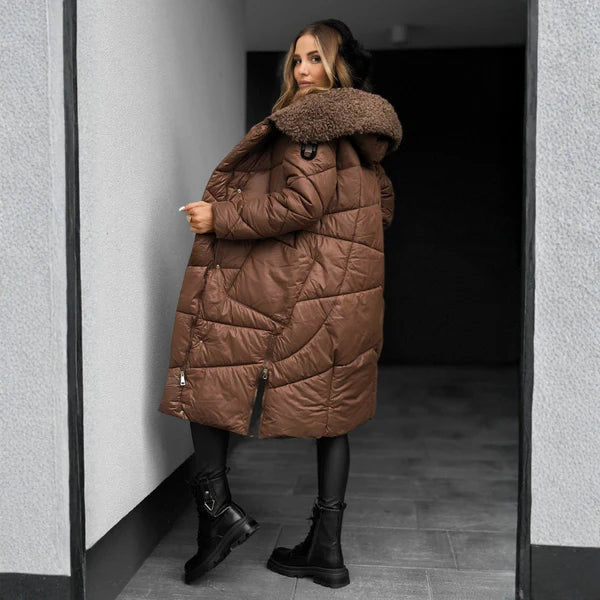 Solveig | Women's Long Quilted Puffer Coat with Faux Fur Hood