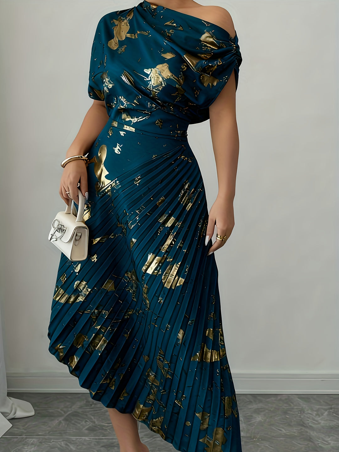 Draped One Shoulder Pleated Skirt Midi Dress - Wedding Guest
