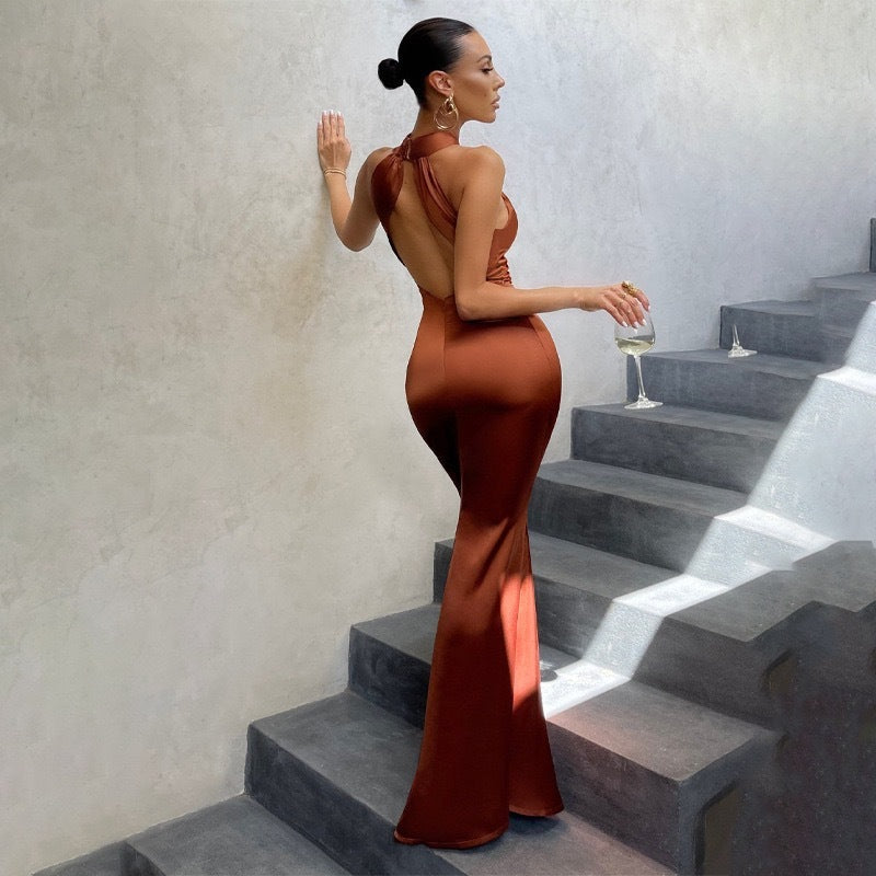 Cross Halter Neck Backless Bodycon Fishtail Maxi Dress - Formal Evening Gown