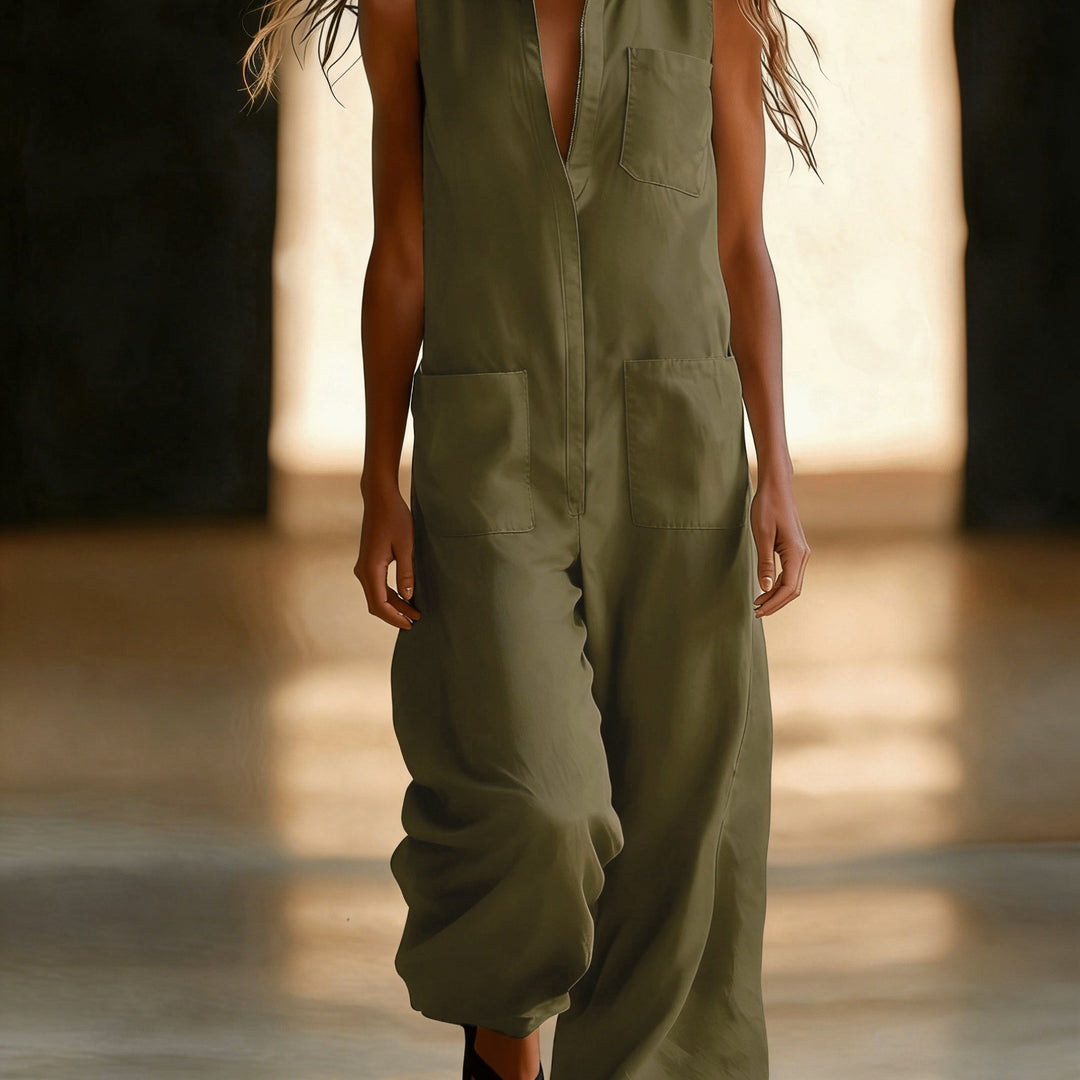 Linen Collared Sleeveless Wide Leg Utility Jumpsuit