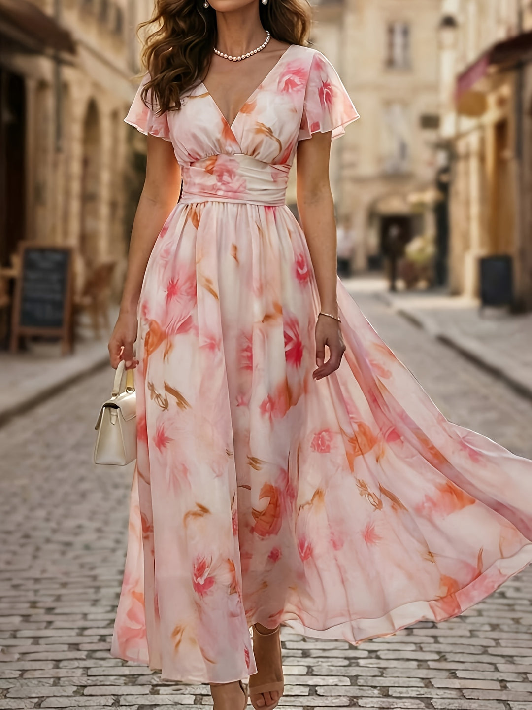 Floral Flutter Sleeve Deep V Neck Flowy Maxi Dress
